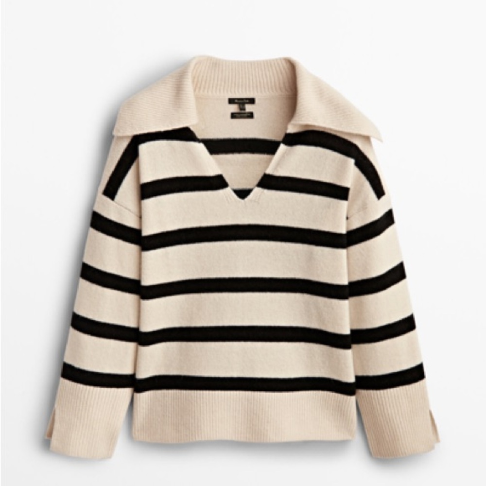 Massimo Dutti striped polo sweater cashmere striped blue cream Italian yarn L